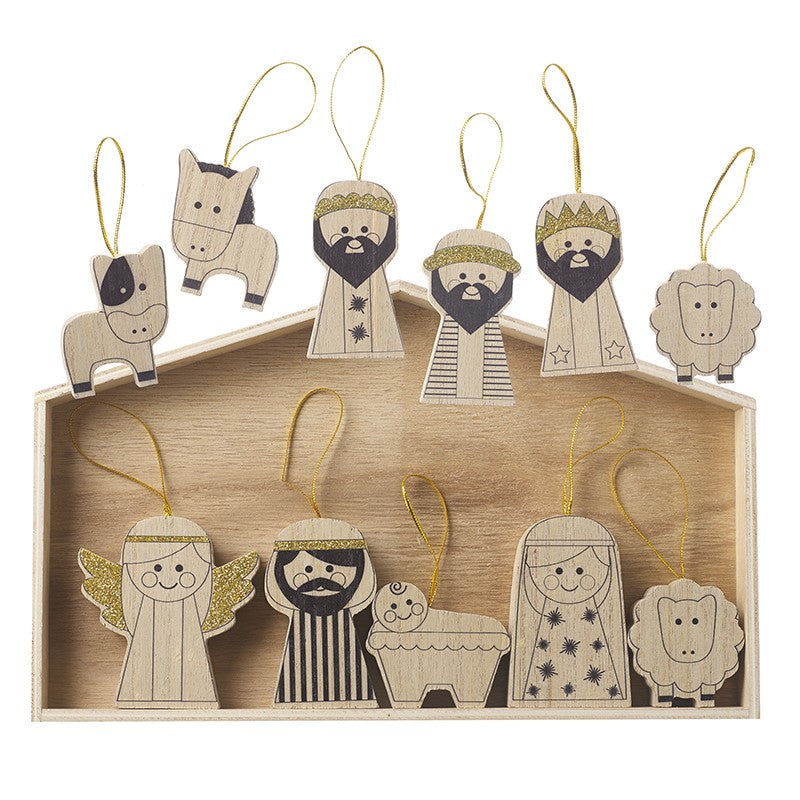 Wooden Nativity Hanging Decorations Boxed Set