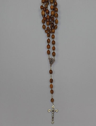Olivewood Rosary with Oval Beads & Silver Cross